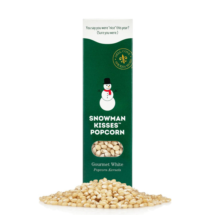 Dell Cove® Snowman Kisses® popcorn kernels in festive green gift box, ready for Christmas stocking stuffer.