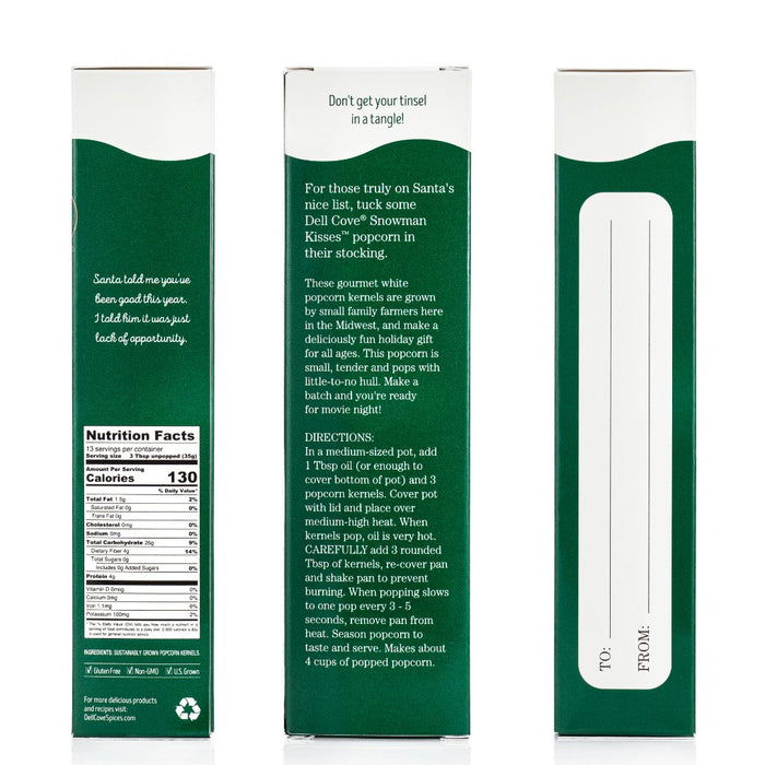 Close-up of Snowman Kisses® white popcorn kernels gift packaging in the green gift box