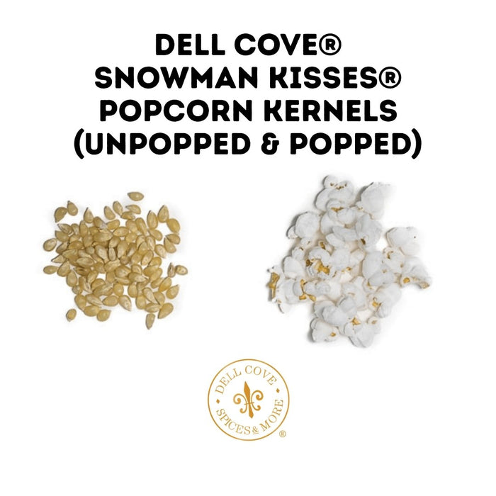Dell Cove Snowman Kisses popcorn kernels before and after popping on a white background.