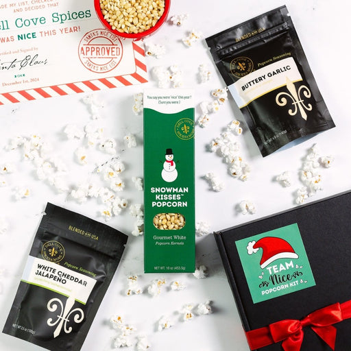 Dell Cove® Snowman Kisses® Popcorn Gift Set in black box with red ribbon – holiday popcorn present