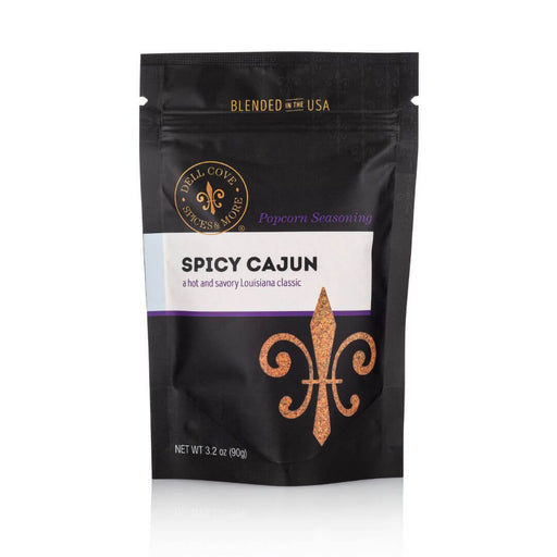 Dell Cove Spicy Cajun Popcorn Seasoning pouch on white background – New Orleans style popcorn spice blend