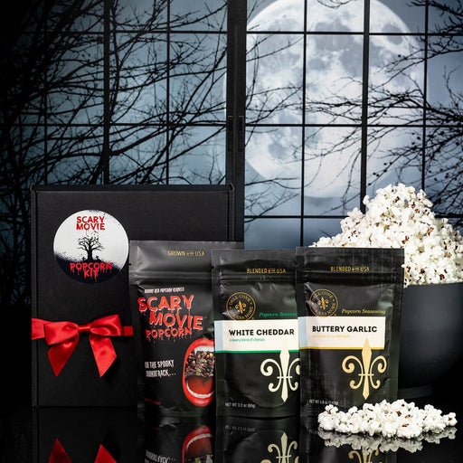 Dell Cove® Vampire Movie Popcorn Kit gift box with Bloody Red kernels and popcorn seasonings – Halloween popcorn gift set.
