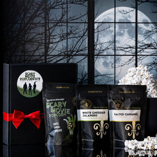Dell Cove® Zombie Movie Popcorn Kit gift box with Graveyard Black kernels and popcorn seasonings – Halloween snack gift set.