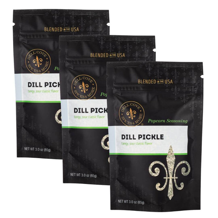 Three pouches of Dell Cove Dill Pickle Popcorn Seasoning.