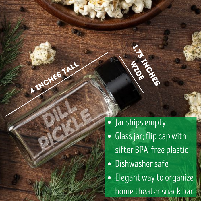 empty spice jar with black flip cap with the popcorn seasoning flavor DILL PICKLE laser etched on one side and dill flavored popcorn in a bowl  - dell cove spices