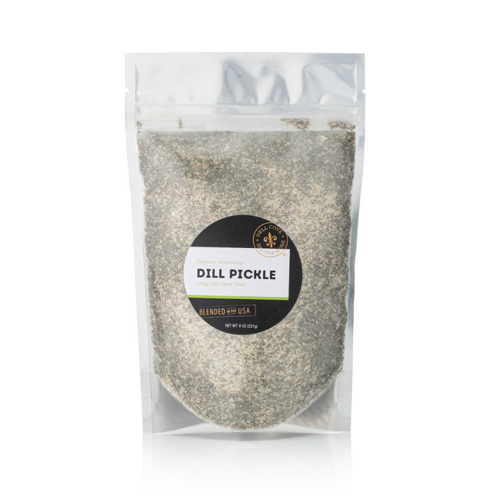 Dill Pickle popcorn seasoning - half pound pouch front - Dell Cove Spices
