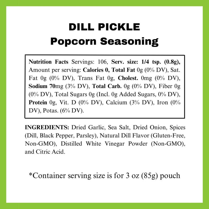 Dill Pickle popcorn seasoning nutritional panel - Dell Cove Spices
