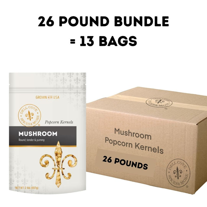 26-pound bundle of Dell Cove Extra Large Mushroom popcorn kernels with thirteen 2-pound pouches