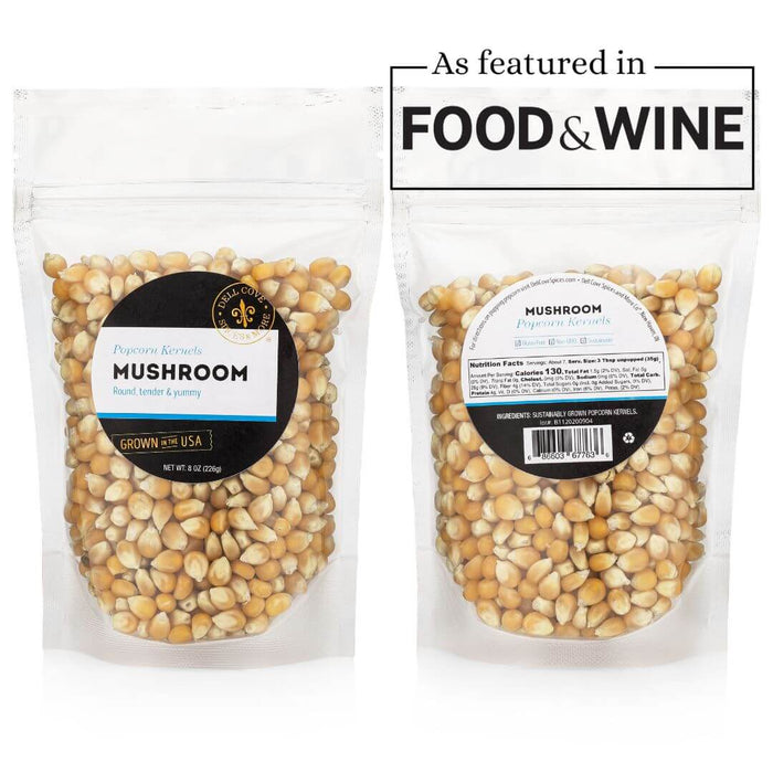 Front and back of Dell Cove Extra Large Mushroom popcorn kernels featured in Food & Wine