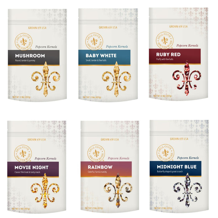 Popcorn kernel varieties – Classic Movie, Mushroom, Baby White, Midnight Blue, Rainbow, Ruby Red – Dell Cove® Family Gift Set.
