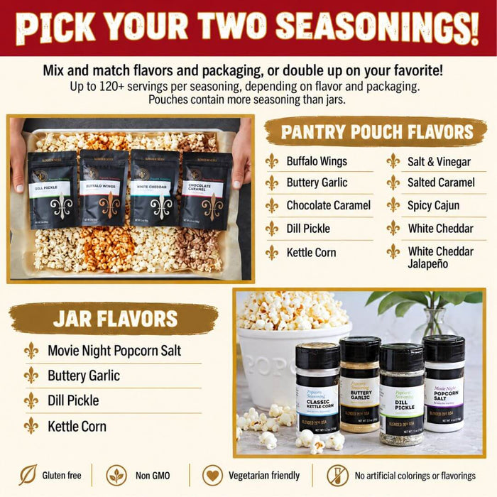 Choose two popcorn seasonings for the Dell Cove Family Popcorn Gift Set, with pantry pouch and seasoning jar flavors.
