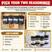 Choose two popcorn seasonings for the Dell Cove Family Popcorn Gift Set, with pantry pouch and seasoning jar flavors.