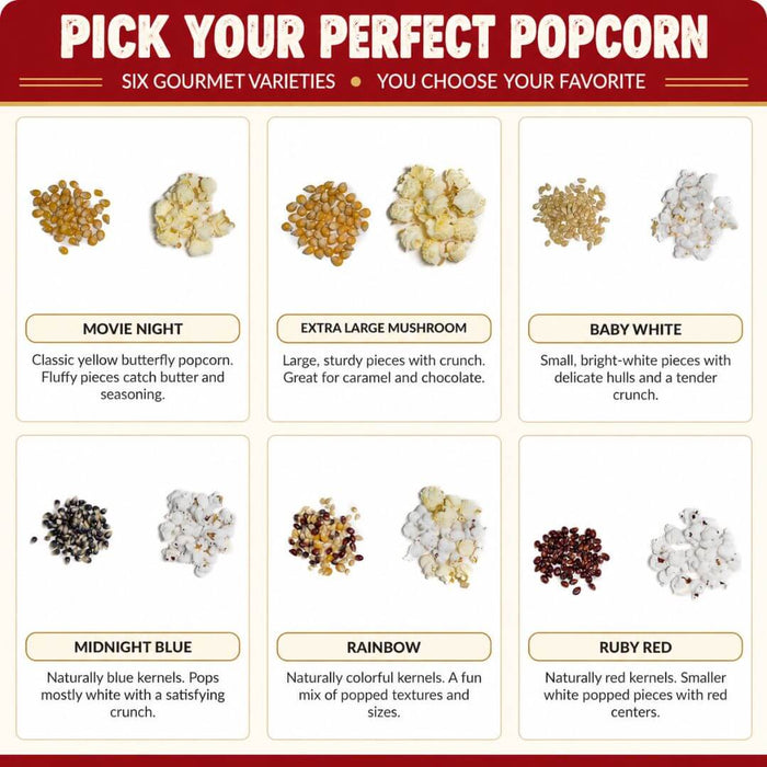 Six gourmet popcorn varieties available for the Dell Cove Family Popcorn Gift Set: Movie Night, Extra Large Mushroom, Baby White, Midnight Blue, Rainbow and Ruby Red.