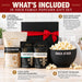 What's included in the Dell Cove Family Popcorn Gift Set: 2 pounds of gourmet popcorn kernels, two customizable seasonings, a black Snack Attack microwave popcorn popper and a gift box with red satin ribbon.