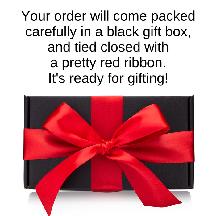 Black gift box with red ribbon - Dell Cove Spices