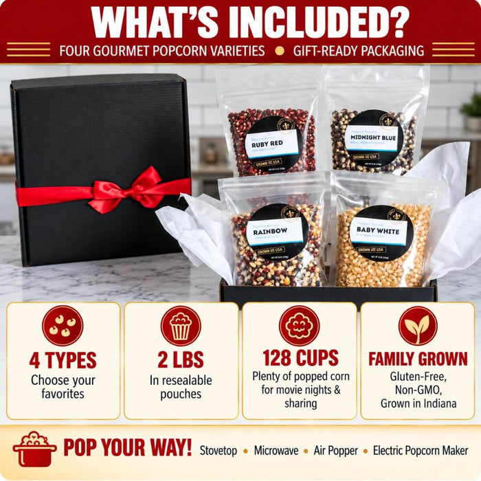 Dell Cove gourmet popcorn gift set with four resealable 8-ounce kernel pouches, black gift box with red ribbon, and details about the two-pound sampler.
