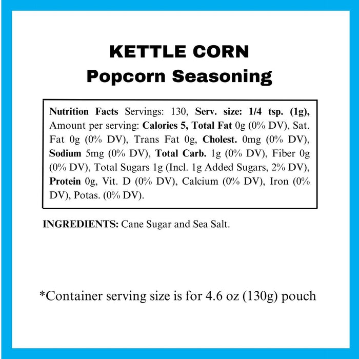 Kettle Corn popcorn seasoning nutritional panel - dell cove spices