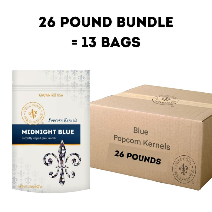 26-pound bundle of Dell Cove Midnight Blue popcorn kernels with thirteen 2-pound pouches