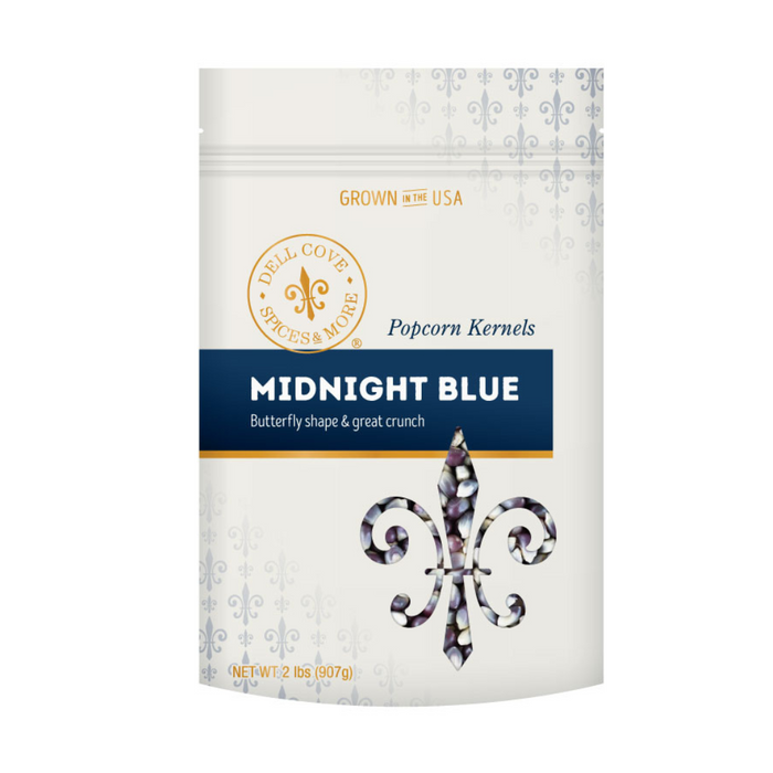 Midnight blue popcorn kernels 2 pound pouch front - dell cove spices