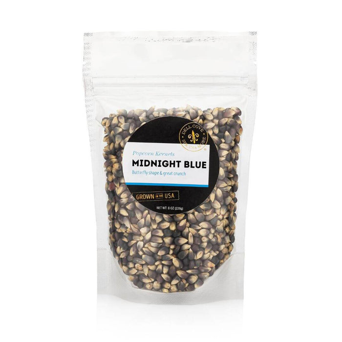 Half-pound pouch of Dell Cove Midnight Blue popcorn kernels