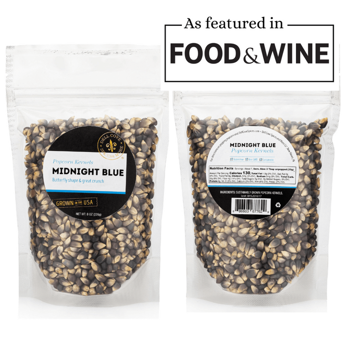 Midnight blue popcorn kernels pouch front and back - dell cove spices