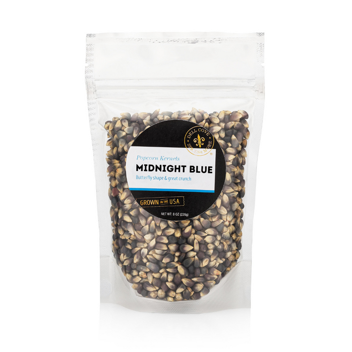 Midnight blue popcorn kernels pouch front - dell cove spices