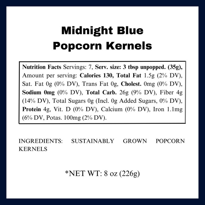 Midnight blue popcorn kernels nutritional panel - dell cove spices