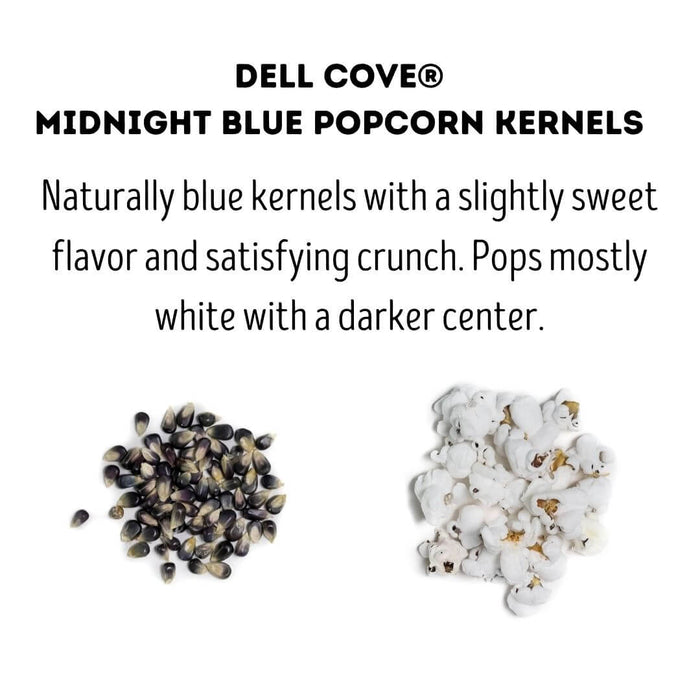 Midnight Blue popcorn kernels shown beside popped Blue popcorn