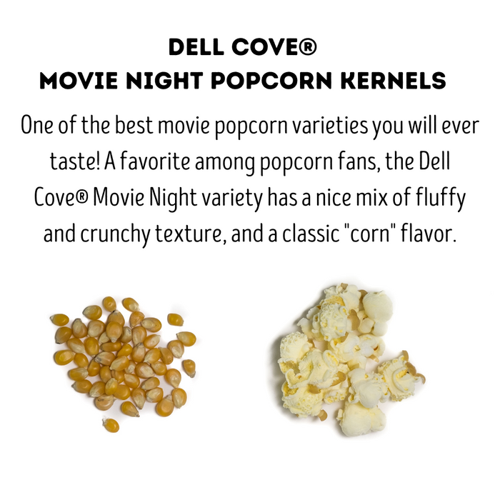 Movie Night popcorn kernels and popped popcorn side by side  - dell cove spices
