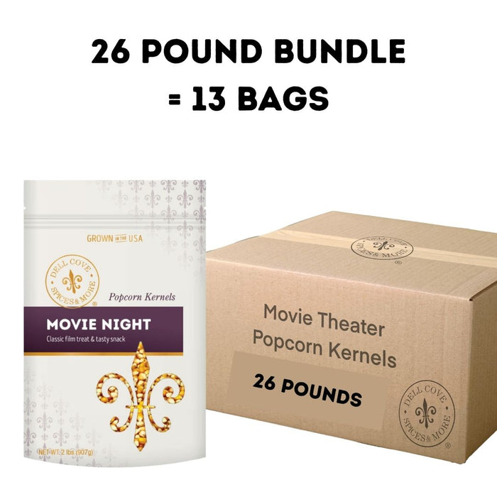 26-pound bundle of Dell Cove Movie Night yellow butterfly popcorn kernels with thirteen 2-pound pouches