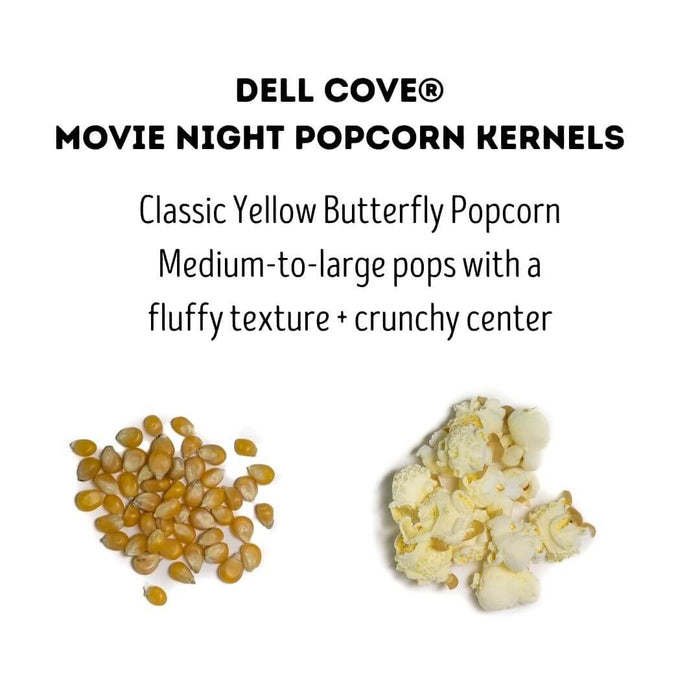 Dell Cove Movie Night yellow butterfly popcorn kernels shown unpopped and popped
