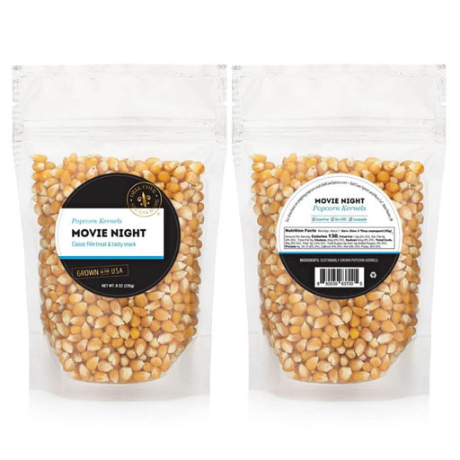 Front and back of Dell Cove Movie Night yellow butterfly popcorn kernels