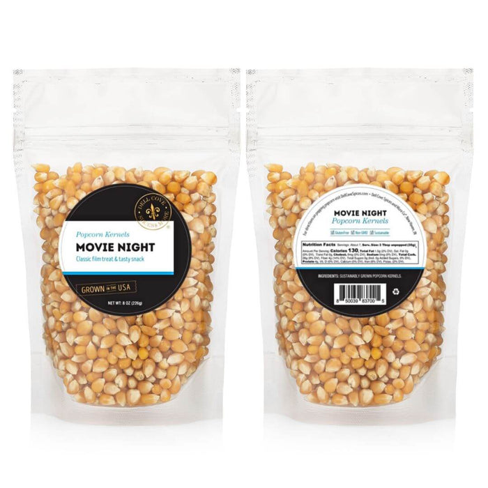 Front and back of Dell Cove Movie Night yellow butterfly popcorn kernels