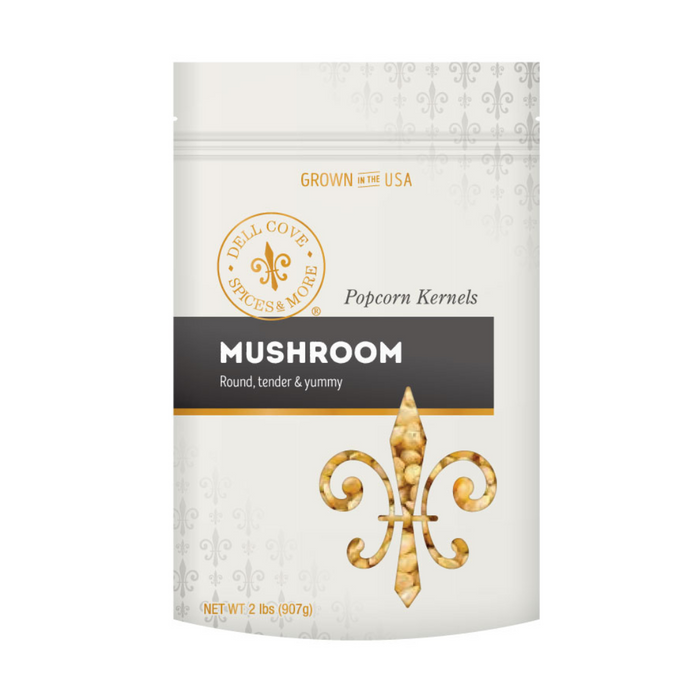 Mushroom popcorn pouch front - 2 pounds - dell cove spices