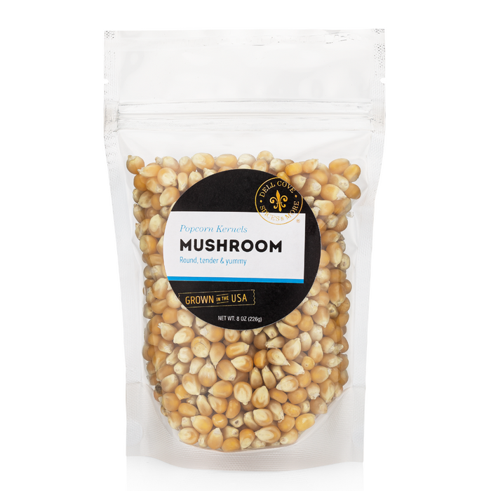 Mushroom poporn kernels in half pound retail pouch - dell cove spices