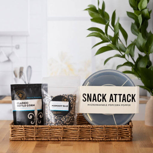 Dell Cove personalized popcorn gift set with gourmet popcorn kernels, popcorn seasoning and Snack Attack microwave popcorn popper.