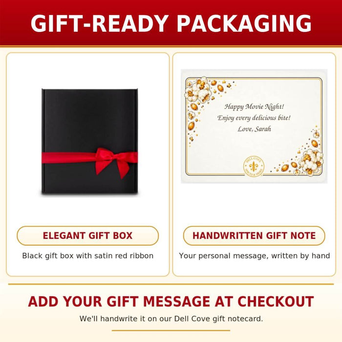 Dell Cove popcorn sampler gift packaging featuring a black gift box tied with red satin ribbon and a personalized handwritten gift note card.