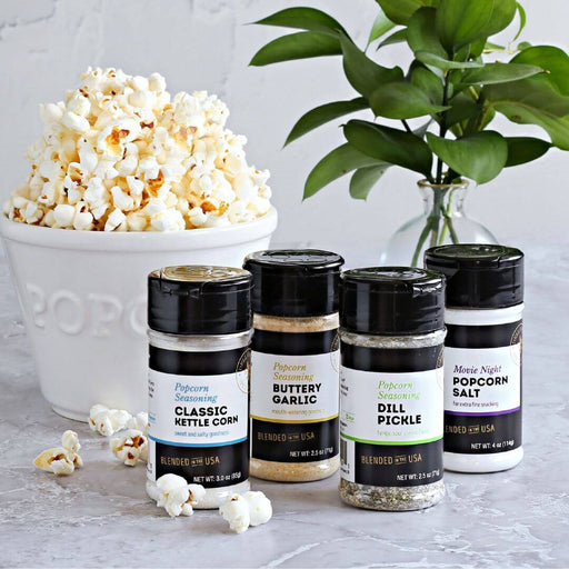 Dell Cove popcorn and popcorn seasoning sampler in jars for movie night snacks - sold as a budget friendly gift option for Christmas movie baskets