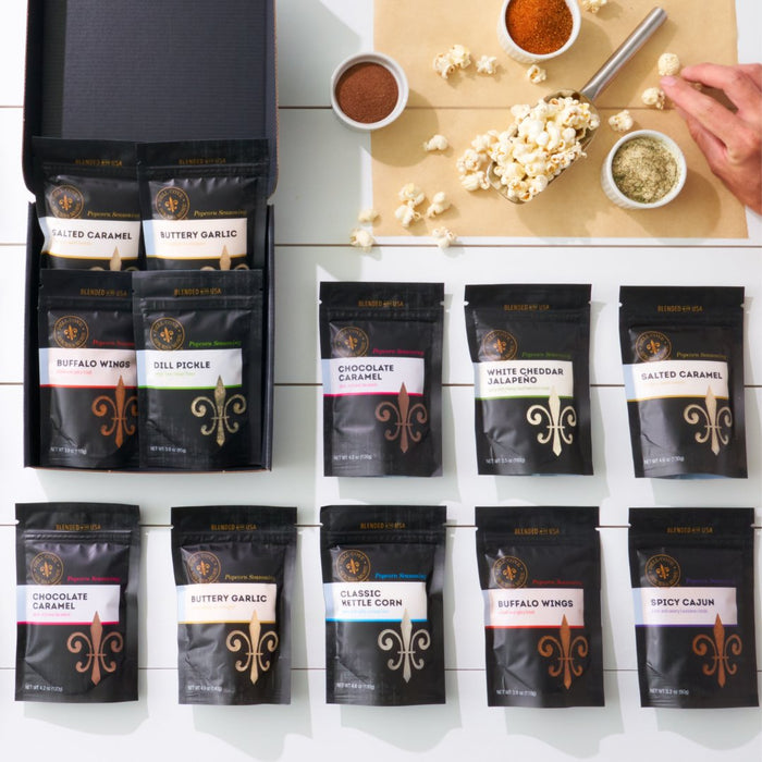 Dell Cove® gourmet popcorn seasonings included in the Zombie Movie Popcorn Kit – pick two flavor options.