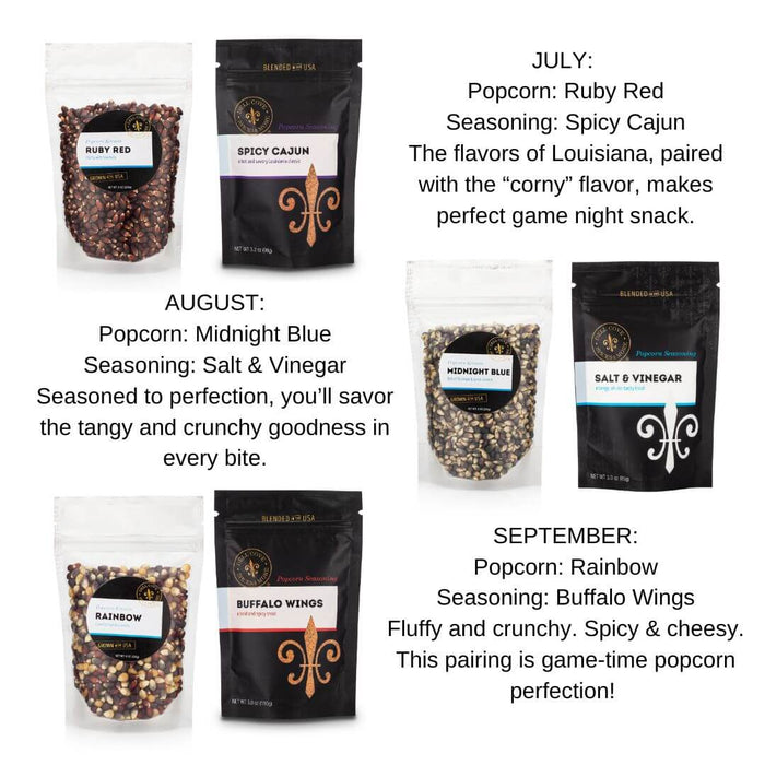 Dell Cove gourmet popcorn subscription box highlighting third-quarter flavors from the Popcorn of the Month Club.