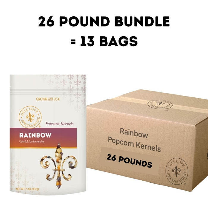 26-pound bulk bundle of Dell Cove Rainbow Popcorn Kernels with thirteen 2-pound bags