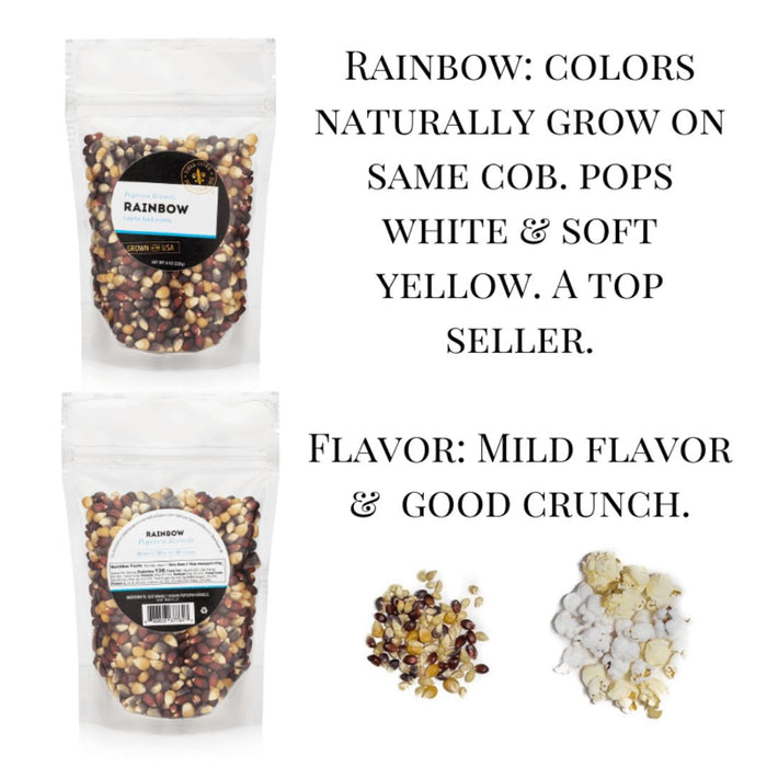 Packaged rainbow-colored popcorn with product details on a white background