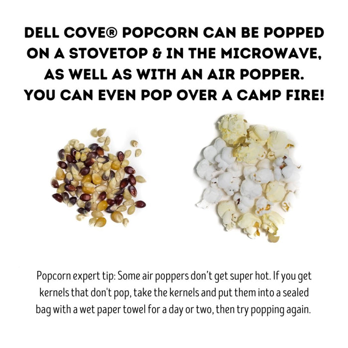 Dell Cove popcorn kernels and popped popcorn on a white background with text about cooking methods.