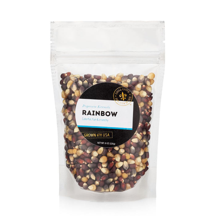 Front view of Dell Cove® rainbow popcorn kernels packaging – gourmet popcorn gift bag.
