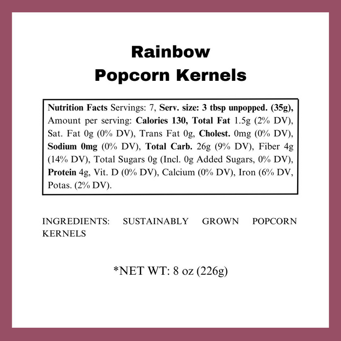 Rainbow popcorn kernels nutritional panel - dell cove spices