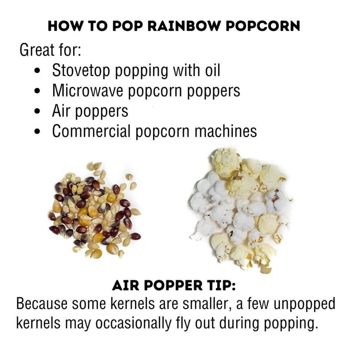 Rainbow popcorn kernels and popped popcorn with stovetop, microwave and air popper instructions