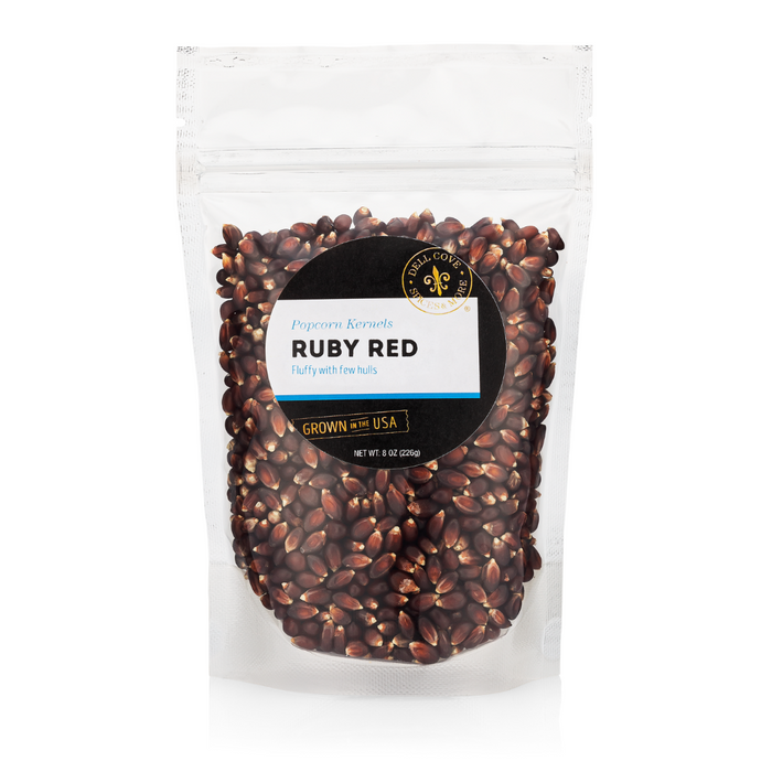 Ruby red poporn kernels in half pound pouch - dell cove spices