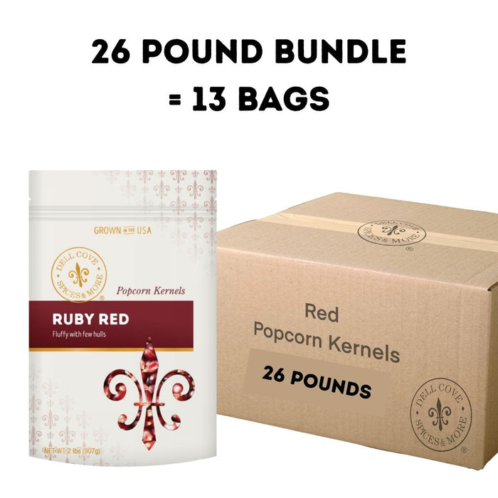 26-pound bundle of Dell Cove Ruby Red popcorn kernels with thirteen 2-pound pouches