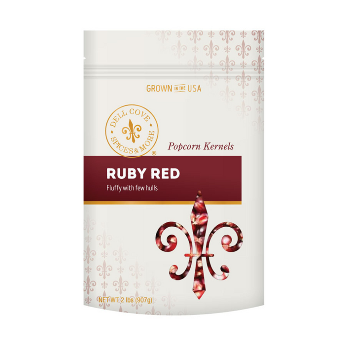 Ruby red poporn kernels in 2 pound pouch - dell cove spices