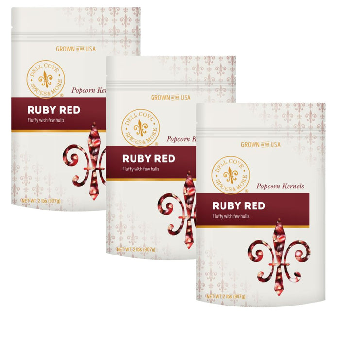 Three 2-pound pouches of Dell Cove Ruby Red popcorn kernels, sold as the 6-pound bundle